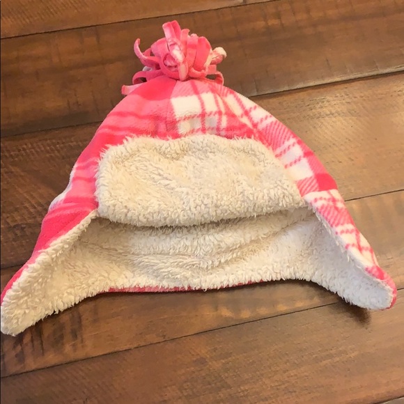 Old Navy pink plaid fleece beanie girls Sz L - Picture 1 of 7